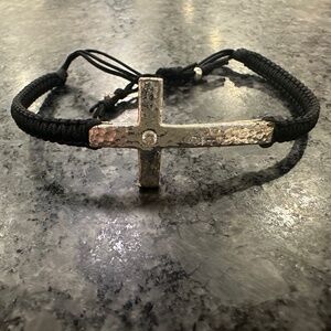Silver Cross with Black Cord Bracelet